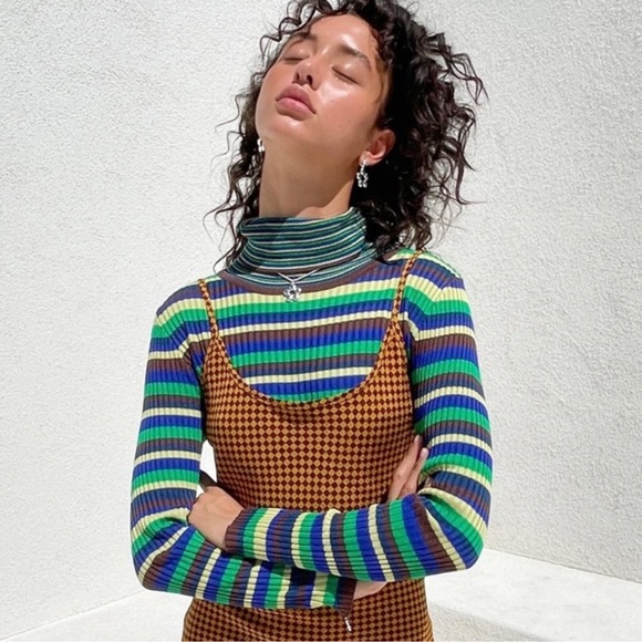 Lisa Says Gah Sweaters - Lisa Says Gah Davis Green Blue and Brown Striped Ribbed Long Sleeved Turtleneck